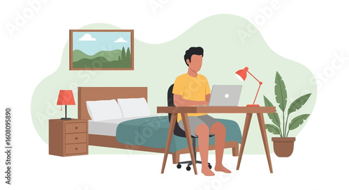 Man working from home on laptop, bedroom interior illustration. Perfect for remote work, work-life balance articles and websites.