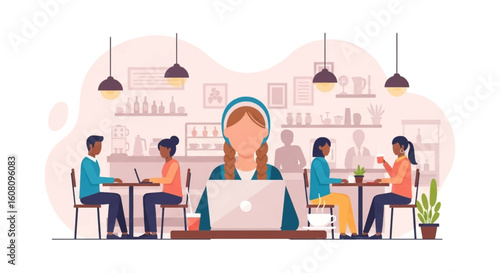 Diverse group of people working and relaxing in a modern cafe, perfect for a blog post about coworking spaces or remote work.