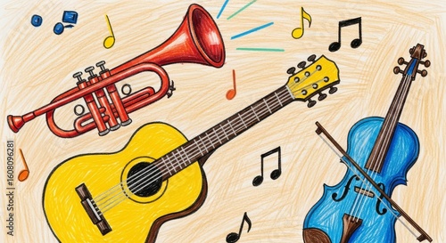 A colorful illustration depicting a trumpet, guitar, and violin with musical notes.