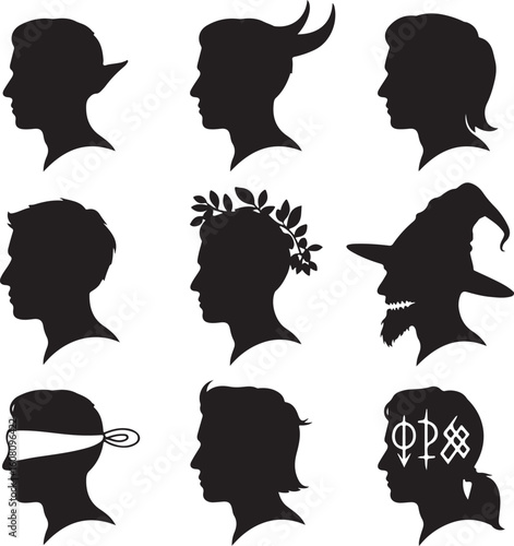 Diverse human head silhouettes with symbolic adornments