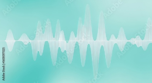 Abstract sound wave visualization, light teal gradient background, white waveform pattern.