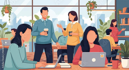 Diverse team of coworkers collaborating in a modern office, perfect for illustrating teamwork and innovation.