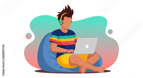 Young man working on laptop while listening to music, perfect for website banners or blog posts about remote work and freelance.