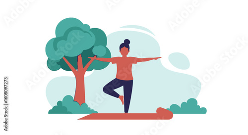 Woman practicing yoga outdoors in a park, perfect for wellness websites or brochures.