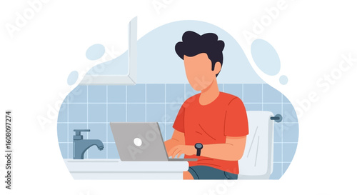 Man working on laptop in bathroom, illustration for work-life balance articles or blog posts.
