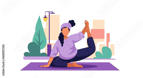 Woman practicing yoga outdoors in the city, perfect for health and wellness websites or brochures.