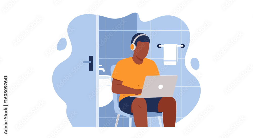 Man working on laptop in bathroom, perfect for articles about remote work, work-life balance, or unusual workspaces. Man working on laptop in bathroom, perfect for articles about remote work, work-life balance, or unusual workspaces.