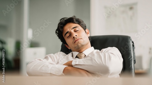 A man in business attire is sleeping or resting in a chair with his arms crossed in a professional office setting.