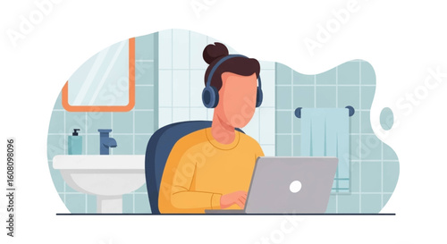 Person working on laptop in bathroom, ideal for illustrating remote work, work-life balance, or flexible work arrangements.