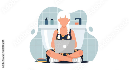 Young woman working on laptop in bathroom, perfect for blog post or website about remote work.