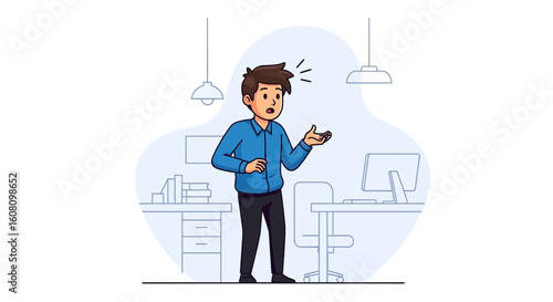 Surprised young businessman in office, perfect for website banners or presentations on problem-solving or unexpected situations.
