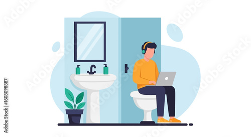 Person working on laptop in a bathroom -  illustration for articles about work-life balance or remote work.