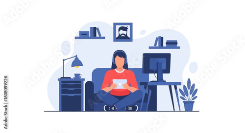Person relaxing at home with tablet and headphones, perfect for blog posts about work-life balance or remote work.