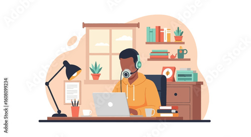 Person working from home on laptop, wearing headset. Illustration ideal for blog posts, articles about remote work, or online support.