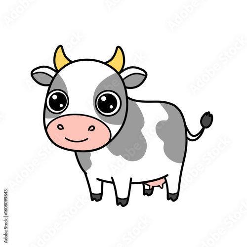 Adorable cartoon cow with big, expressive eyes, perfect for children's books and educational materials
