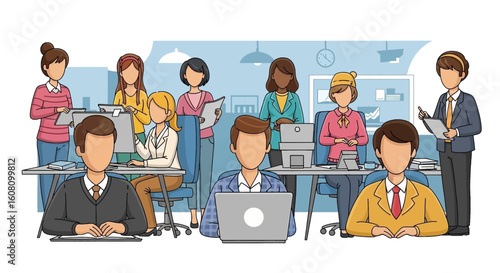 Diverse team of professionals working collaboratively in a modern office, ideal for website banners or presentations.