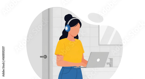Woman working on laptop in bathroom, perfect for website banners or blog posts about remote work.