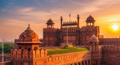 Majestic Red Fort Architecture Bathed in Golden Sunset Light Majestic Fort Delhi India