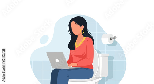 Woman working on laptop while sitting on toilet - vector illustration for articles about work-life balance or remote work.