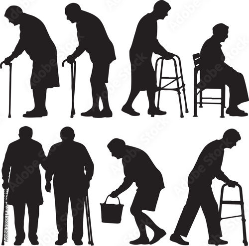 Elderly figures with mobility aids people silhouettes
