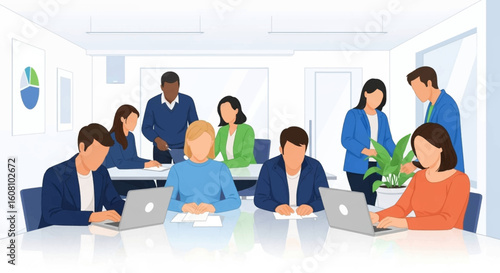 Diverse team collaborating in a modern office setting; ideal for business websites and presentations.