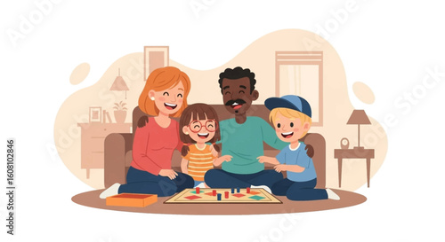Happy family playing board game at home, perfect for family blogs, websites, and brochures.
