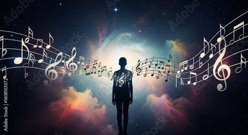 Silhouette of a person surrounded by swirling musical notes within a cosmic nebula.