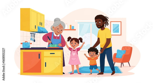Happy multigenerational family cooking together in a bright kitchen - perfect for family, food, and lifestyle blogs.