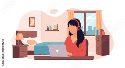 Woman working from home on laptop, perfect for remote work, freelance, and online business websites.