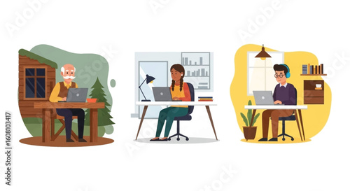 Diverse people working remotely:  Perfect for illustrating remote work, telecommuting, or work-life balance on websites and presentations.