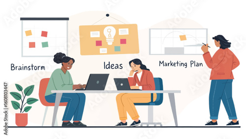 Team brainstorming and planning marketing strategy. Illustration perfect for websites, presentations, and marketing materials.
