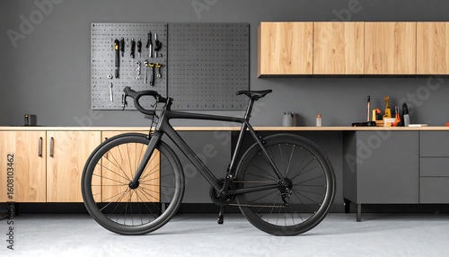 Modern, minimalist bike storage in a gray and wood workshop.  A sleek black road bike rests against a gray countertop, featuring a pegboard tool rack and light wood cabinets