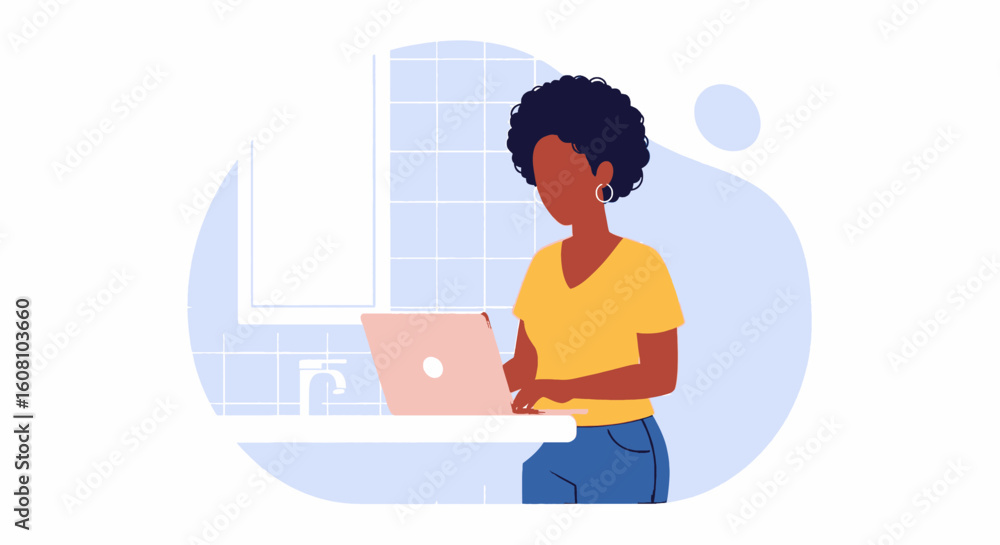 Woman working on laptop in bathroom, ideal for blog posts about remote work or flexible schedules. Woman working on laptop in bathroom, ideal for blog posts about remote work or flexible schedules.