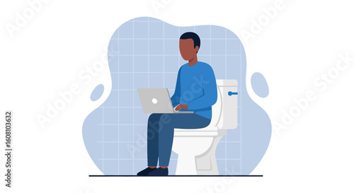 Man working on laptop while sitting on toilet - illustration for blog, article or website.