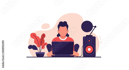 Person working on laptop with microphone and speaker, ideal for blog posts about remote work or podcasting.