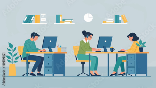 Three colleagues working at their desks in a modern office, perfect for illustrating teamwork or productivity on a website or company brochure.