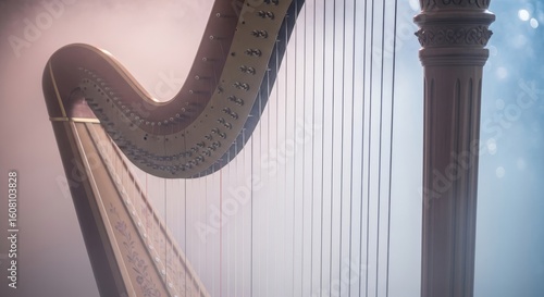 Close-up view of a harp's neck and strings, showcasing intricate details and a soft, ethereal ambiance.