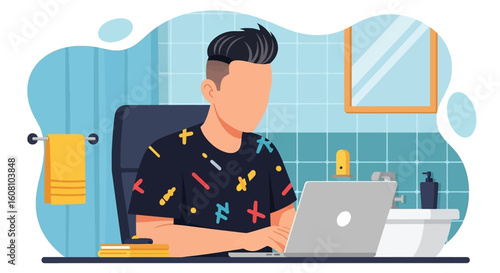 Young man working on laptop in modern bathroom - perfect for remote work, freelance, or lifestyle blogs.