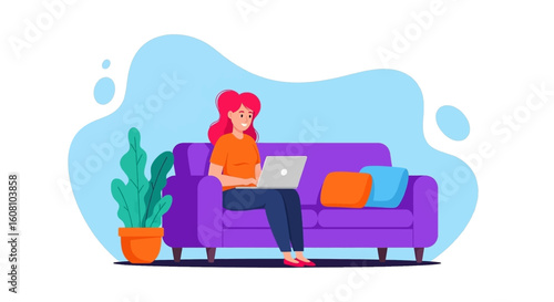 Happy woman working from home on laptop, perfect for blogs, websites, and social media.