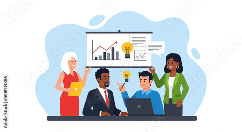 Diverse business team brainstorming, presenting data and ideas. Perfect for websites, presentations, and marketing materials.