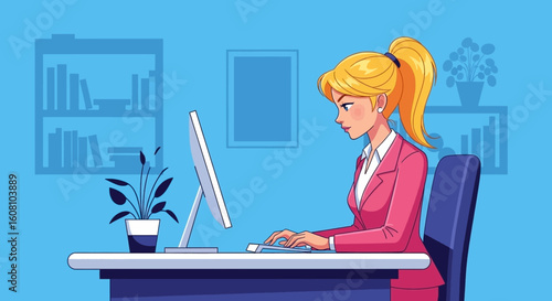 Businesswoman working on computer in modern office. Perfect for website banners, business presentations, and marketing materials.