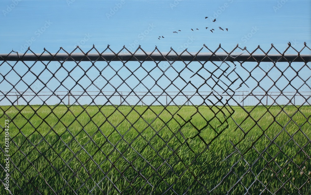 A chain-link fence separating a grassy field and a clear blue sky A chain-link fence separating a grassy field and a clear blue sky