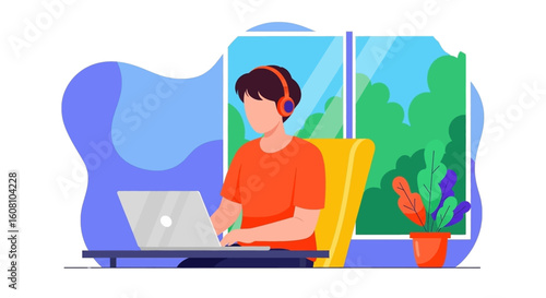 Person working from home on laptop, wearing headphones.  Perfect for blogs, articles about remote work, or online education.