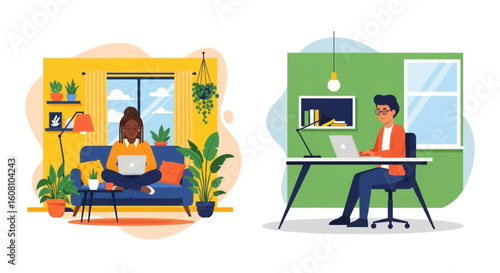 Remote Work Illustration: Diverse professionals working from home and office, perfect for websites, blogs, and presentations about flexible work.