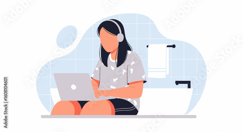 Woman working on laptop in bathroom, perfect for blog posts about work-life balance or remote work.