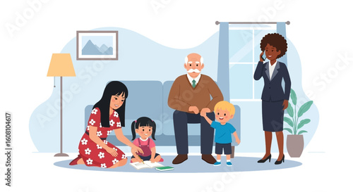 Multi-Generational Family at Home: Perfect for family, childcare, or generational connection themes.
