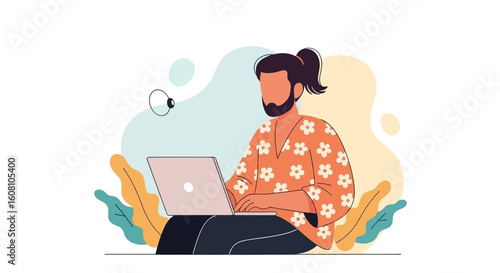 Person working on laptop, freelance, remote work, digital nomad, illustration for website or blog.