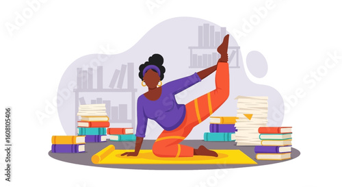 Woman doing yoga at home among books, perfect for blog posts about wellness, balance, and self-care.