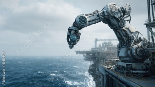 Industrial robotics at offshore oil rig technology insight marine environment aerial view future automation concept