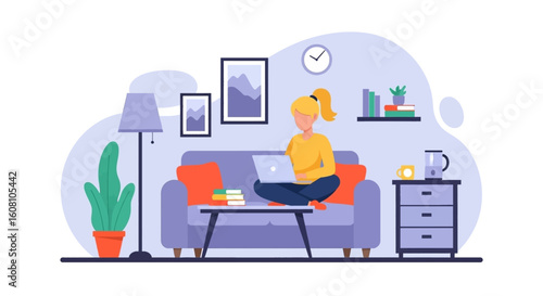 Woman working from home on laptop, comfortable living room setting. Ideal for remote work, freelance, and work-life balance content.
